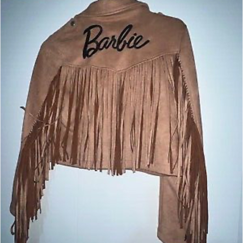 Barbie x Missguided Tan Faux Suede Logo Fringe Biker Jacket - Picture 3 of 6